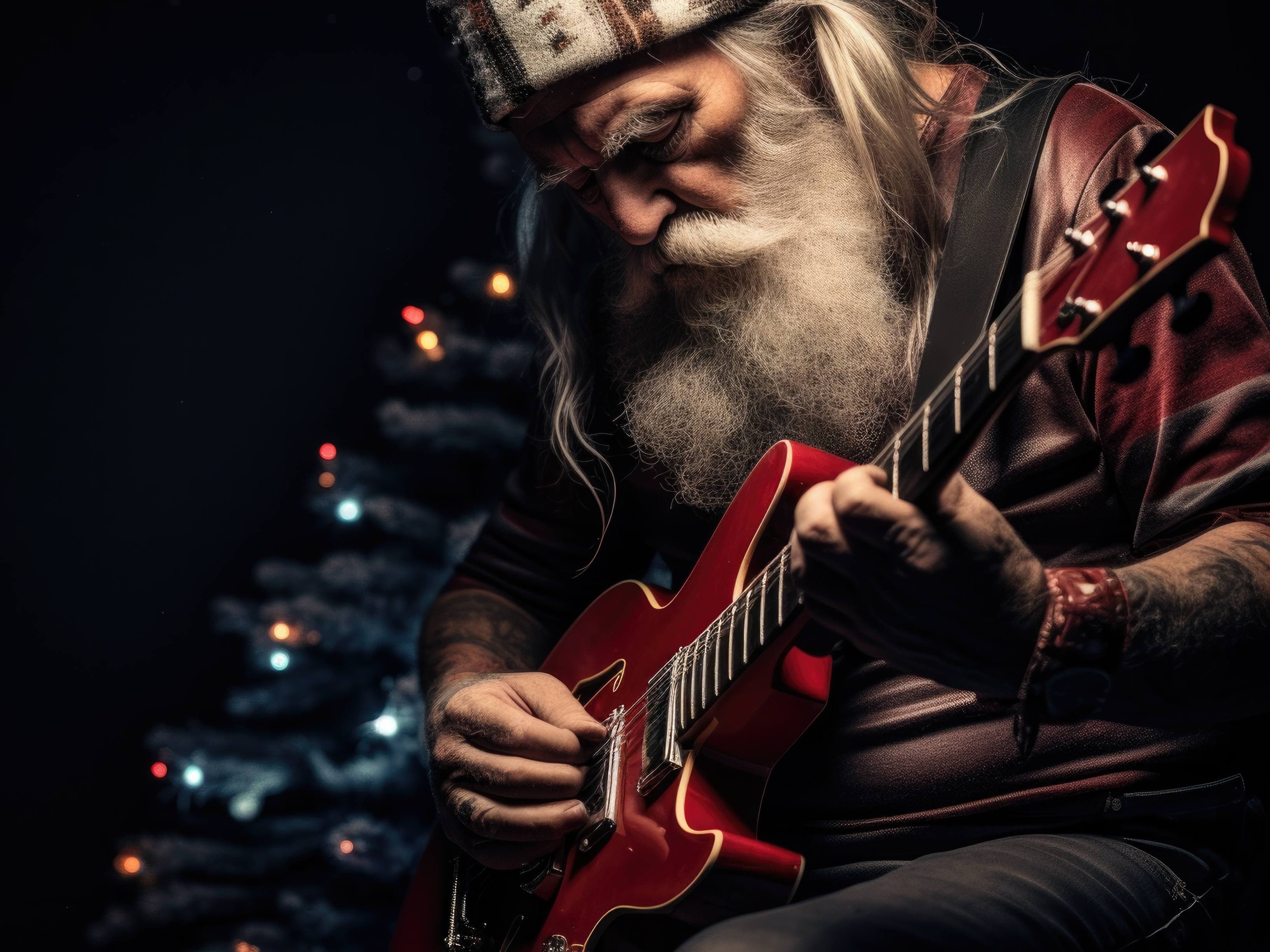 muž s vousy hrající na kytaru o vánocích 